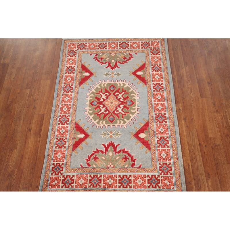 Kazak Accent Rug Hand-Knotted Geometric Wool Carpet - 3'4" x 4'11"