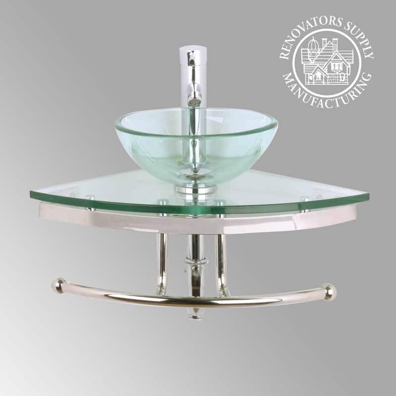 Talula Clear Glass Corner Round Wall Mounted Vessel Sink with Chrome Faucet, Drain and Towel Bar