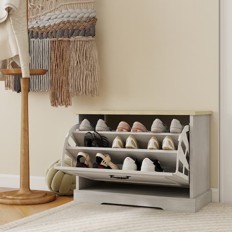 Flip-Drawer Shoe Bench with Adjustable Shelf - Antique White