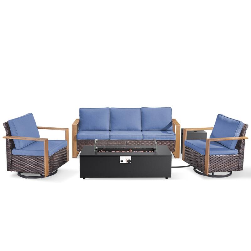 Pocassy 43 In Fire Pit w/ Outdoor Sofa Swivel Chair Ottoman Set