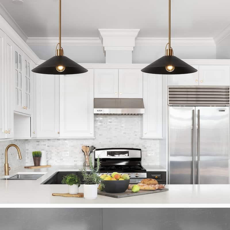 Modern Farmhouse 1-Light Black Gold Pendant Light Kitchen Island Lights - D 14'' x H 8''