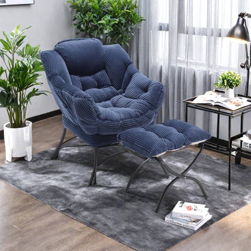 Cotton Lazy Chair with Ottoman, Modern Lounge Accent Chair with Armrests, Side Pocket, and Sturdy Steel Frame - Navy Blue