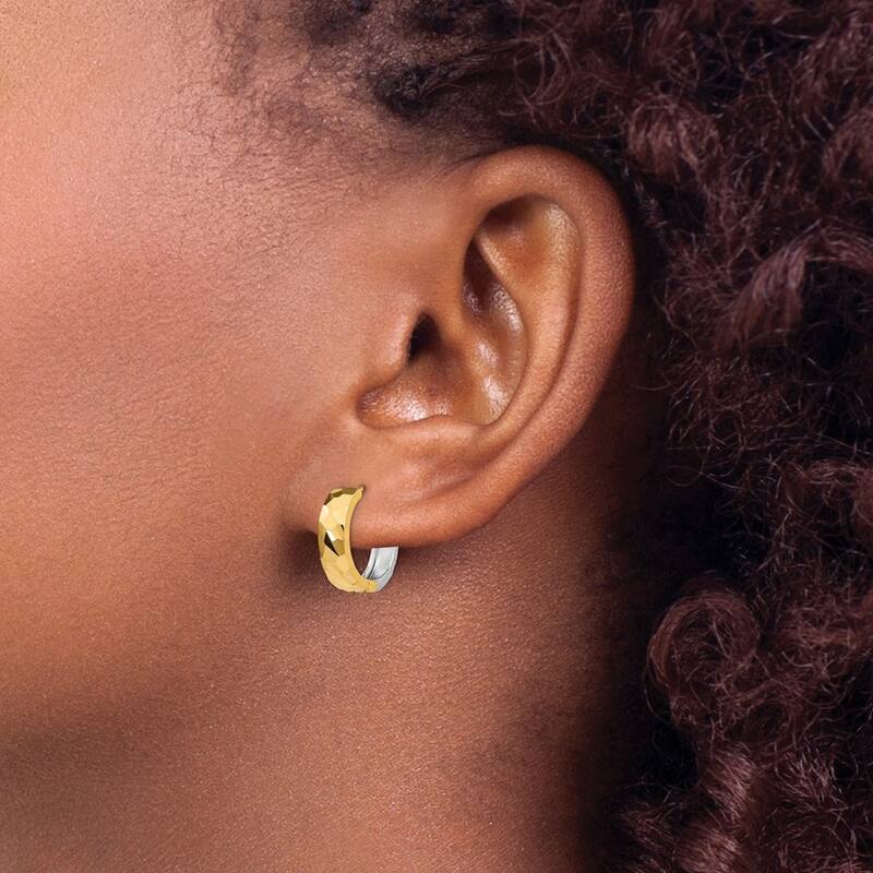 Curata 14k Two Tone Gold Textured 4x15mm Reversible Hinged Hoop Earrings