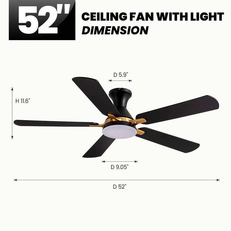 Industrial Led Ceiling Fan With Lights And Remote, Modern Black And Gold Flush Mount Ceiling Fan With 5 Blades
