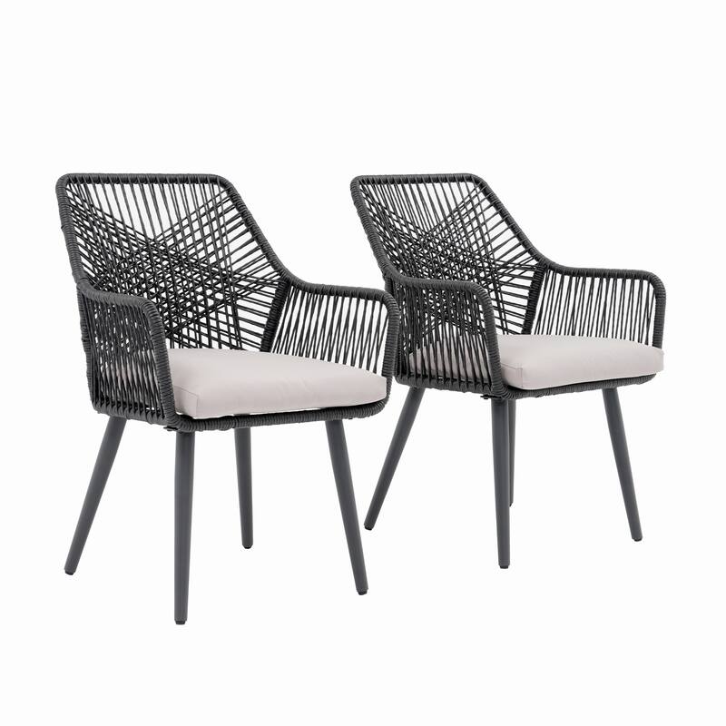Outdoor Patio Woven Rope Dining Chairs With Armrest and Seat Cushions