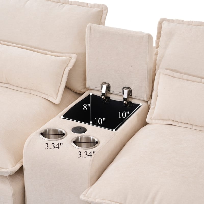 U-shaped Modern Upholstered Sectional Sofa with Storage and Cupholders, USB Ports