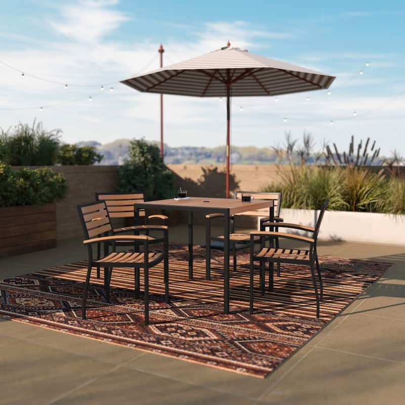 Black Steel Framed 36" Square Faux Teak Table with Umbrella Hole & 4 Club Chairs - Teak