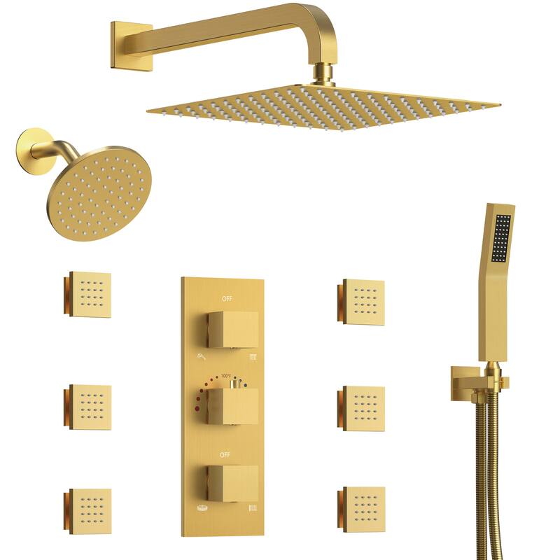 4-Functions Thermostatic Shower System, Wall Mount Shower Faucet Set 12" & 6" Dual Shower Head with 6 Body Jets - Brushed Gold