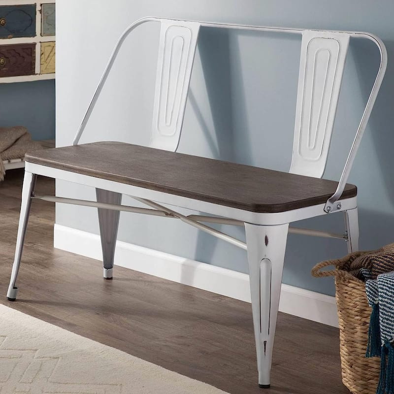 EROMMY 42in Metal Bench Industrial Mid-Century 3 Person Chair with Wood Seat, Dining Bench with Floor Protector - 42" - White