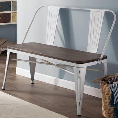 EROMMY 42in Metal Bench Industrial Mid-Century 3 Person Chair with Wood Seat, Dining Bench with Floor Protector - 42"