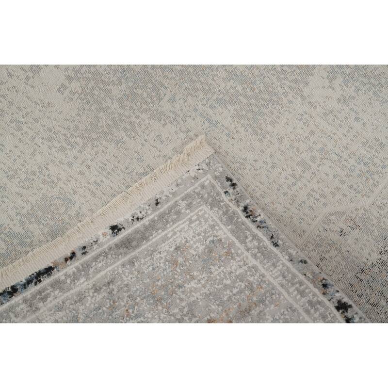 Machine Made Oriental Polyester Carpet Medallion Greys & Charcoal Distressed Area Rug - 7' 5'' X 5' 2''