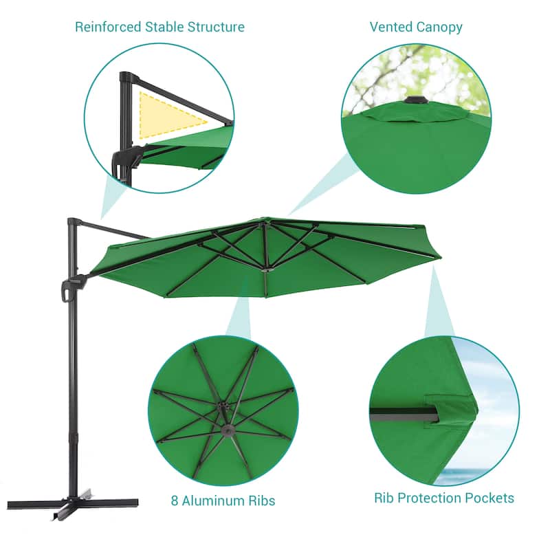 BONOSUKI 11FT LED Cantilever Patio Umbrella 360 Rotation w/Cross Base