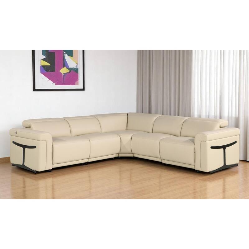 HomeRoots Beige Italian Leather Modular L Shaped Five Piece Corner Sectional - Reversible - Beige