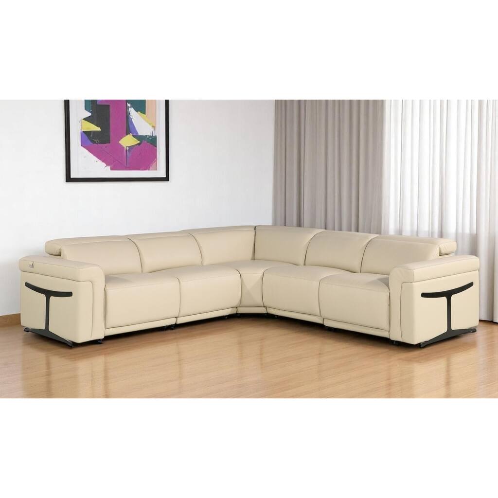 HomeRoots Beige Italian Leather Modular L Shaped Five Piece Corner Sectional