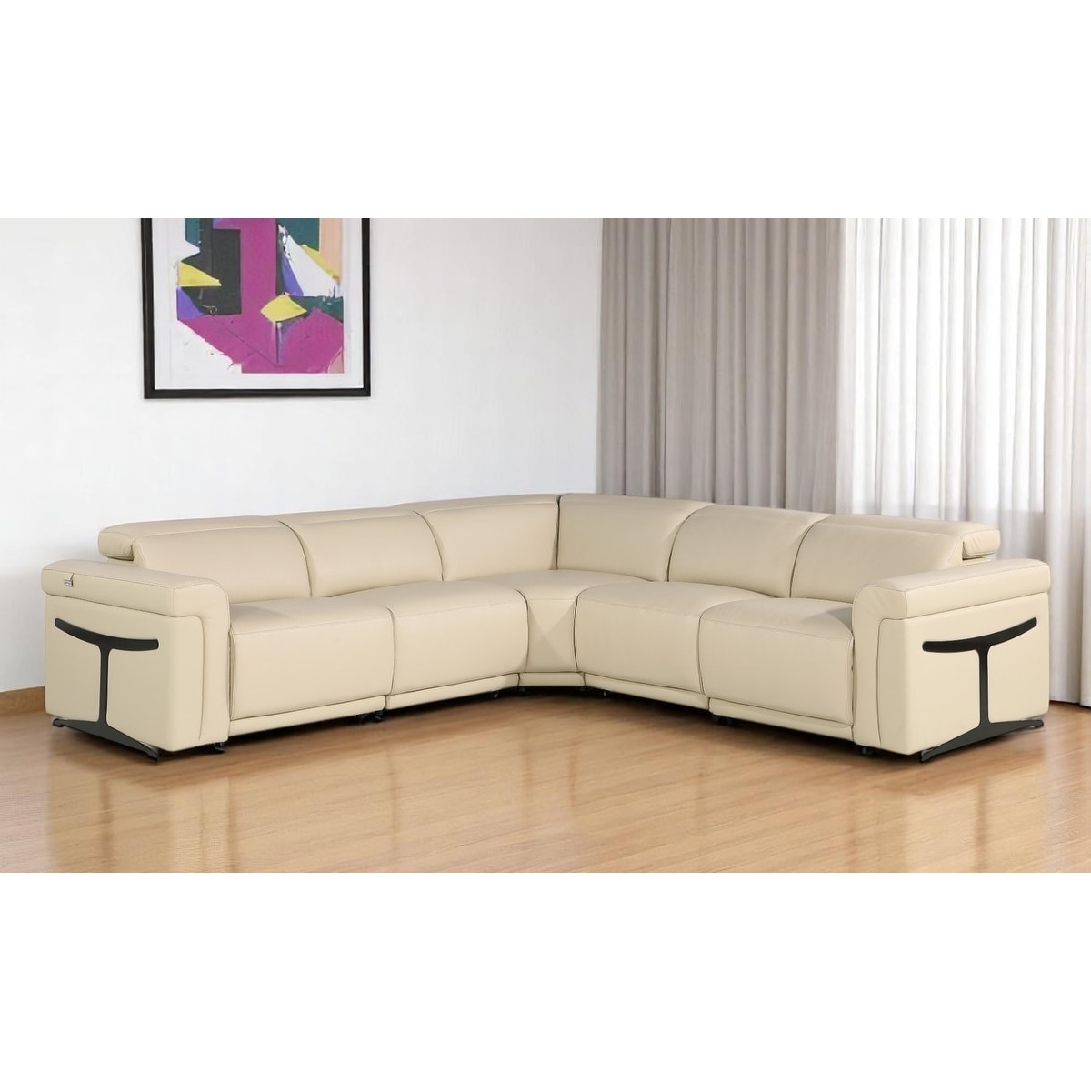 HomeRoots Beige Italian Leather Modular L Shaped Five Piece Corner Sectional