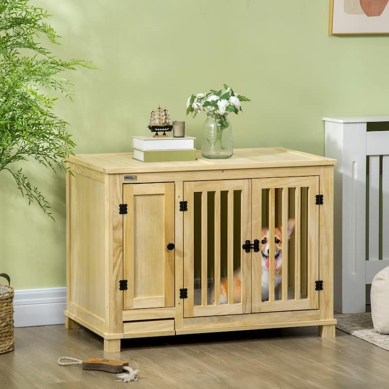 PawHut Wood Dog Crate Furniture with Hidden Food Bowl in Drawer, Dog Crate End Table with Cushion
