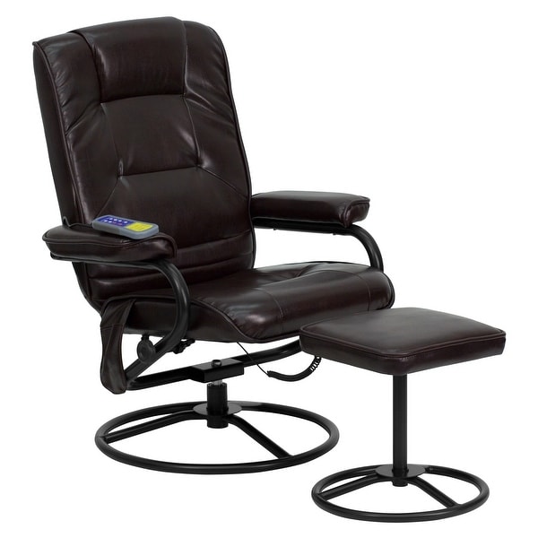 Massaging Multi-Position Recliner &Ottoman w/Metal Bases in Brown LeatherSoft. Opens flyout.
