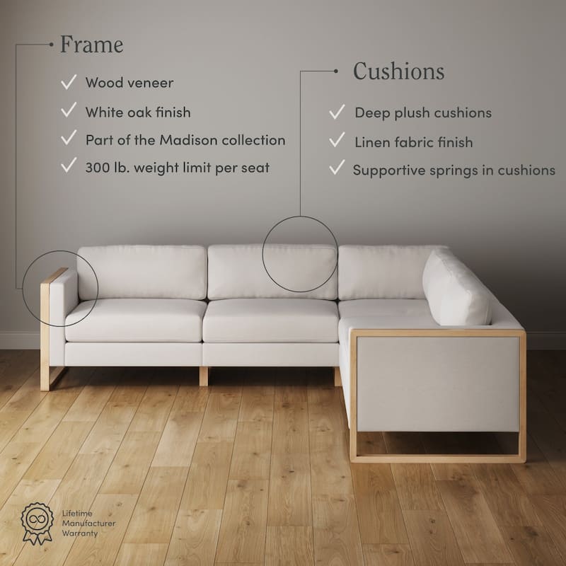 Madison Modern Upholstered Modular Sofa or Couch for Living Room with Solid Wood Legs