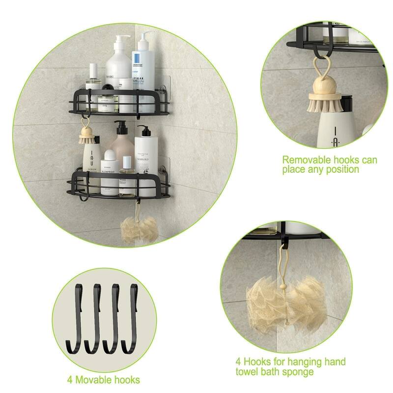 2 Pack Adhesive Wall Mounted Shower Caddy with 4 Movable Hooks