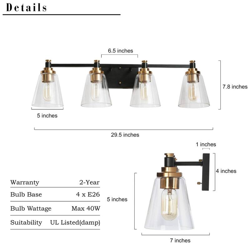 4-Light Modern Black Gold Bathroom Vanity Lights Glass Wall Sconces