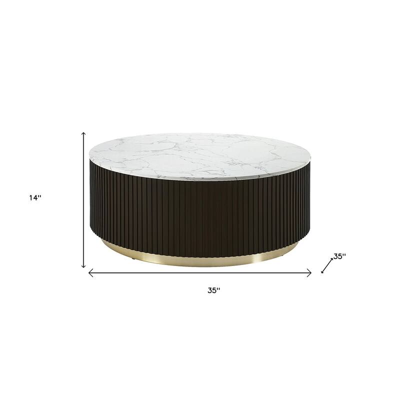 HomeRoots 35" White Espresso and Gold Faux Marble Solid Wood and Steel Round Drum Coffee Table