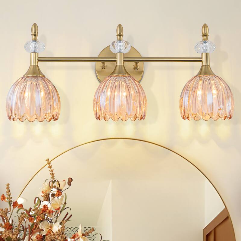 Starsky 3-Light Tulip-Inspired Floral Wall Sconce with Green or Amber Glass Shades, for Bathroom, Bedroom, Hallway