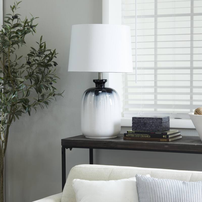 Glass Gourd Style Base Table Lamp with Drum Shade - White - Roche River Decor - 17"W x 17"L x 29"H