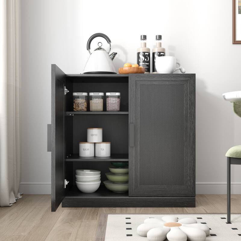 Modular Sideboard Cabinet with Storage Buffet Cabinet with Rattan Doors for Living Room Kitchen Dining Room Entryway - Black - 31" x 31" x 16"