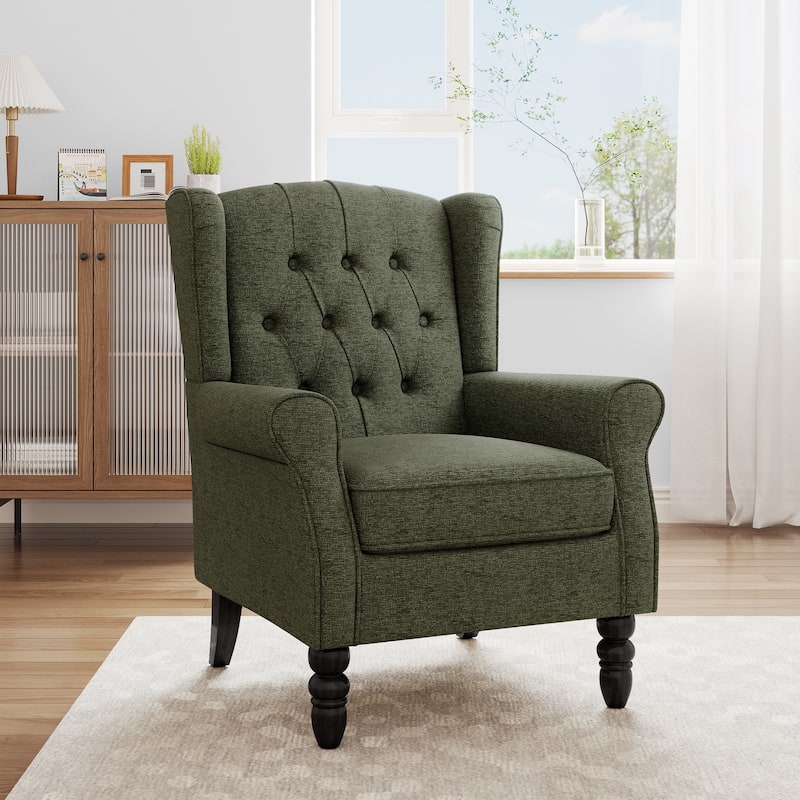 Modern Button Tufted Wingback Accent Chair Upholstered Armchair - Green-Chenille