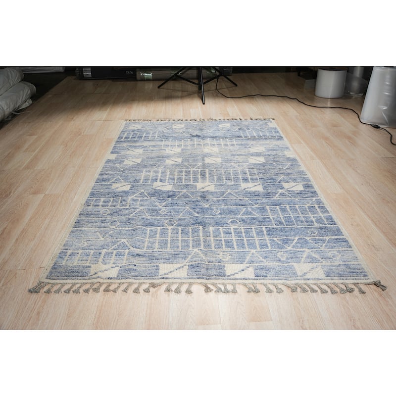 Home Decor Blue Hand-Knotted Wool Contemporary Marrakech Handspun Area Rug Stylish and Elegant Rug for Living Room, Bedroom
