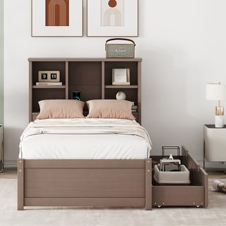 Twin Size Platform Bed Heavy Duty Wood Platform Bed with Bookcase Headboard and 2 Drawers, Built-in USB Port for Bedroom