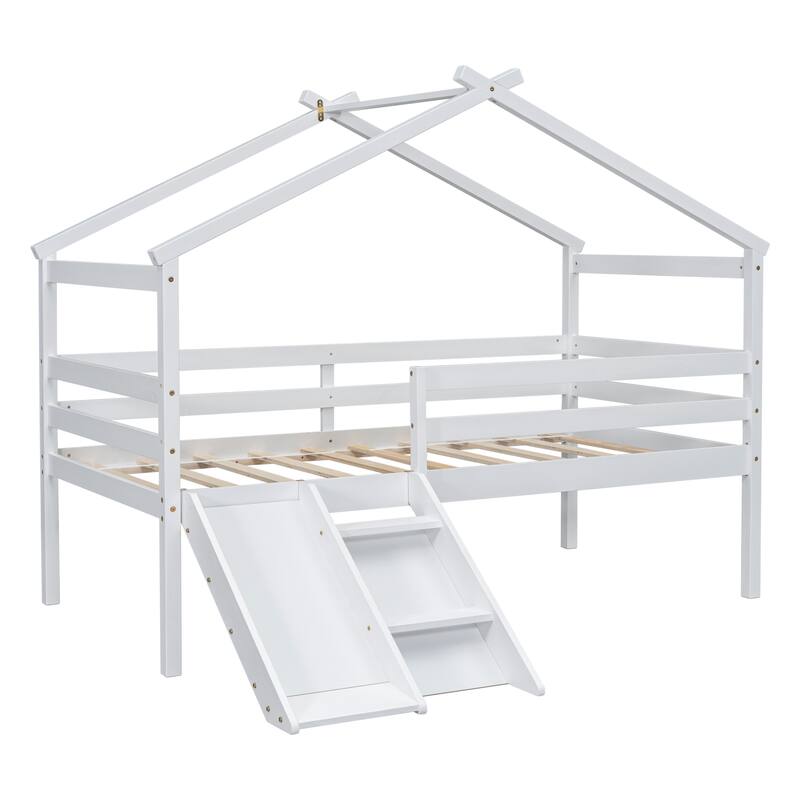 White Twin Size Pine Wood Low Loft House Bed with Slide, Ladder, Safety Guardrails and House Roof Frame
