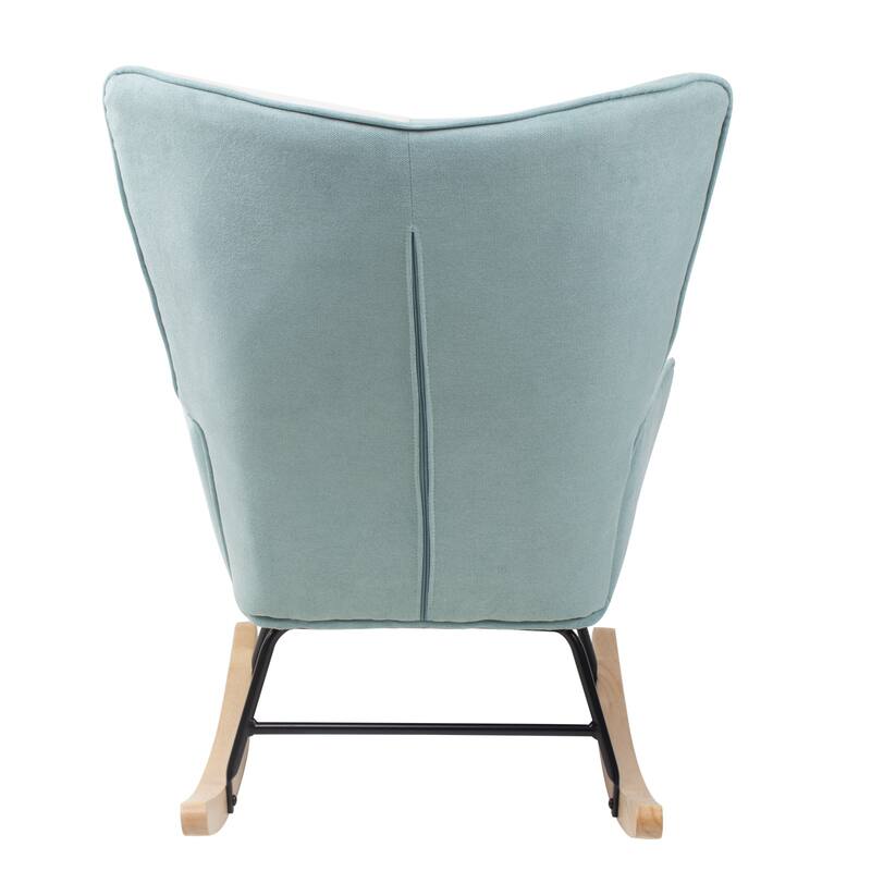 Mid Century Fabric Rocking Chair with Wood Legs and Patchwork Linen for Livingroom Bedroom