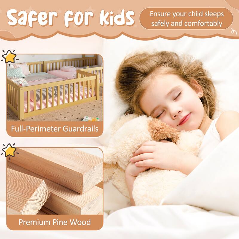 Roomfitters Double House Floor Bed with Door, Solid Wood Frame with Fence Guardrails for Playroom
