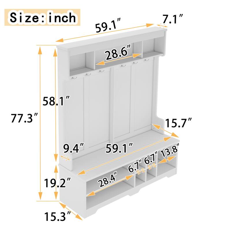 Modern Entryway Coat Rack, Multi-Functional Entrance Coat Rack with 6 Hooks and Shoe Cabinet, White