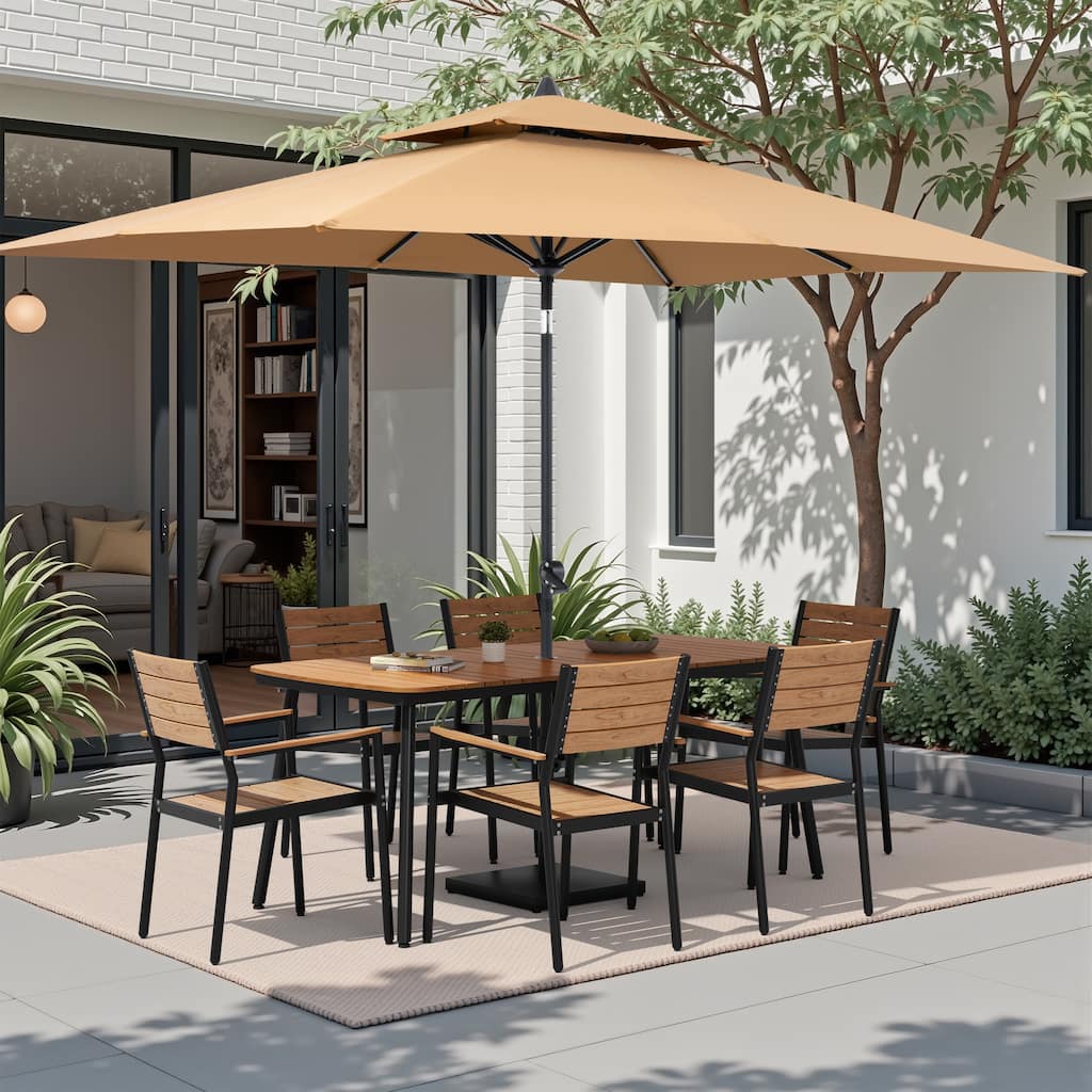 9-Piece Outdoor Dining Set Aluminum Table and Stackable Armchairs with Umbrella and Base