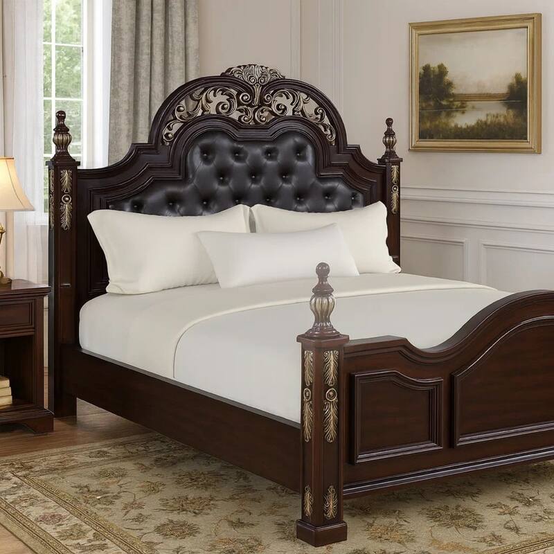 Leatherette and Wood Queen Headboard with Carving and Mirror Inlay, Brown