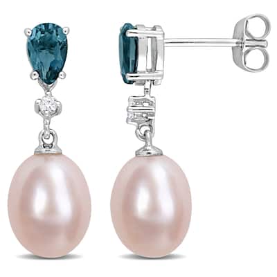 Miadora Cultured Freshwater Pink Pearl 1ct TGW Blue Topaz Diamond Accent Earrings 10k White Gold