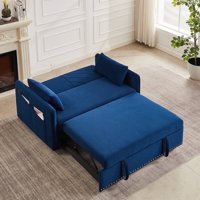Anmytek 3-in-1 Soft Velvet Convertible Sleeper Sofa Bed With USB Port 2 Lumbar Pillows & Side Pocket