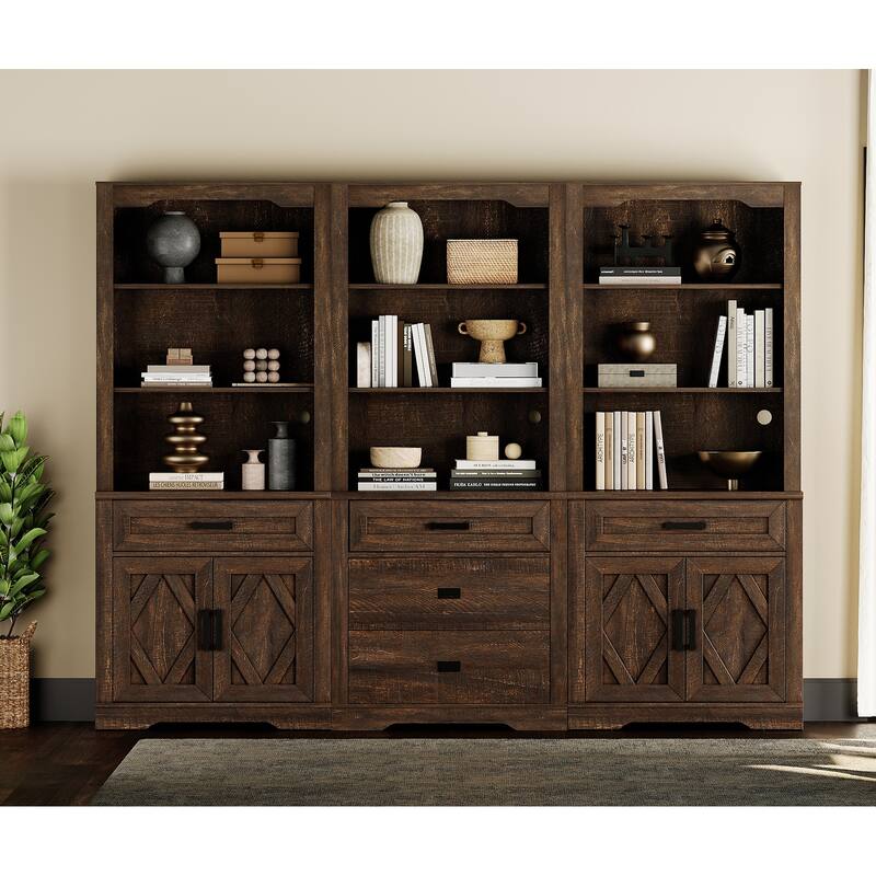 3-Column 73.3" Tall Bookshelf Set with Open Storage and Glass Doors - Rustic Brown - 3 Open Shelf