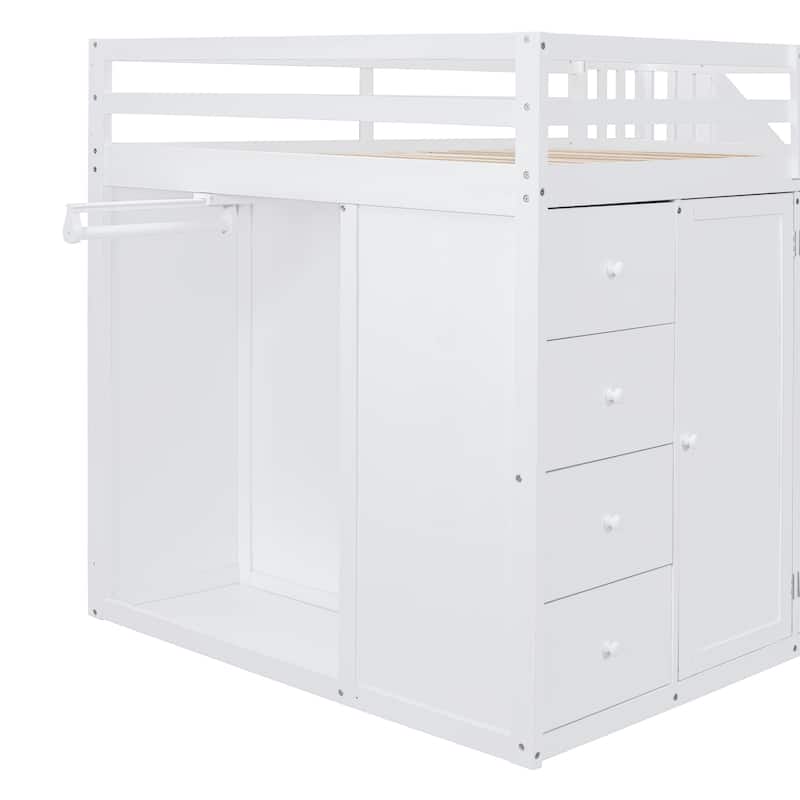 Full Size Wood Loft Bed With Built-in Wardrobes, Cabinets and Drawers