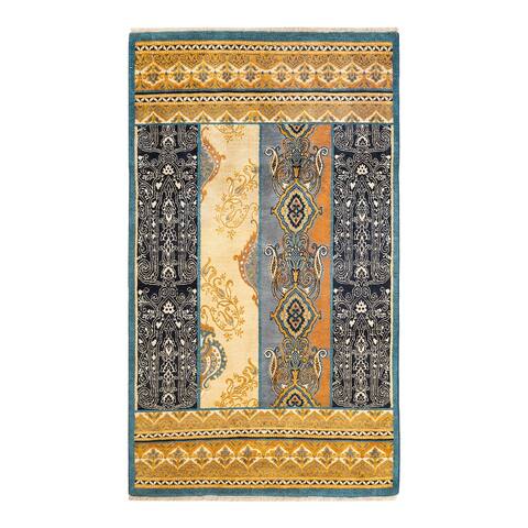 Overton One-of-a-Kind Hand-Knotted Contemporary Ikat Suzani Green Area Rug - 4' 1" x 7' 2"