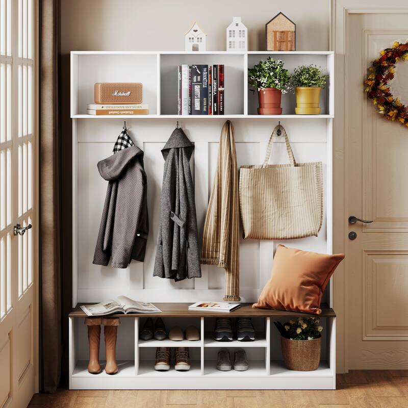 Hall Tree with Bench and Storage, Farmhouse 75" H Tall Hall Tree Wood Entryway Shoe Bench with Coat Rack and Storage Shelves