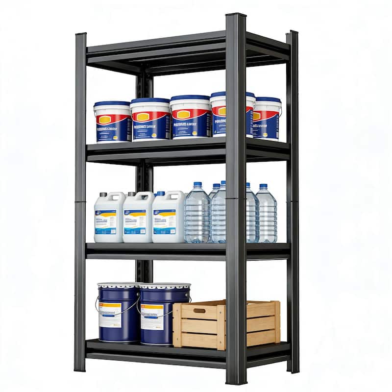 4 Layer Garage Storage Rack, Heavy-Duty Shelving, Adjustable Metal Dividers, Black, Requires Assembly