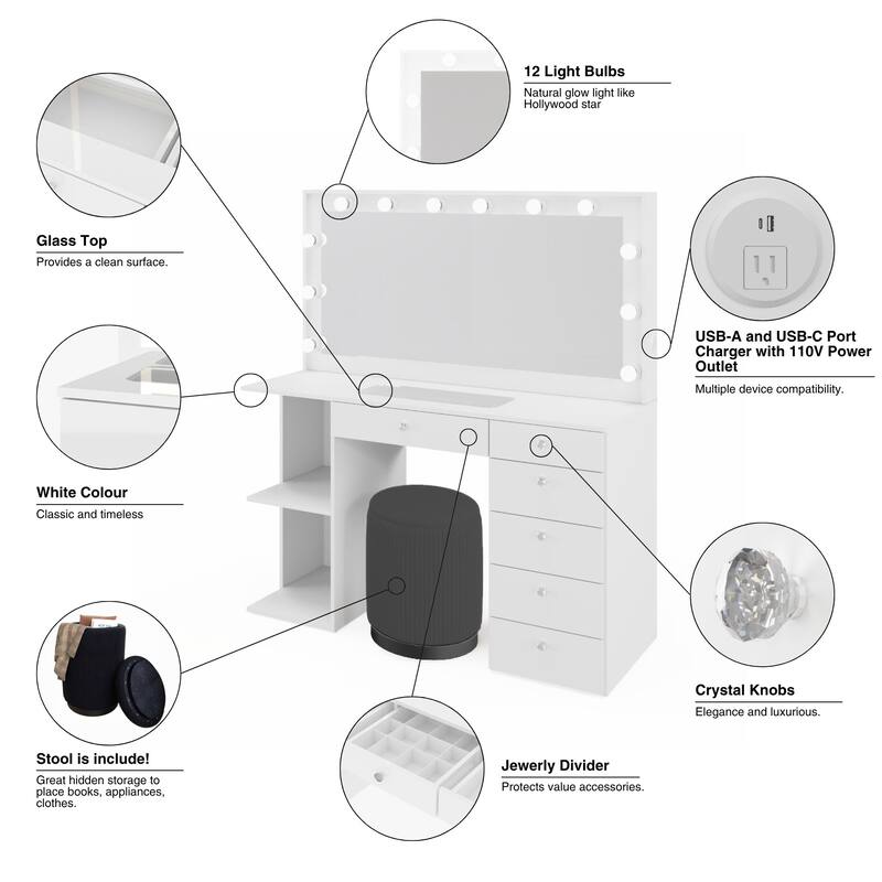Makeup Vanity Desk w/ Free Black Storage Ottoman, 12 LED Bulbs Mirror, 6 Drawers, Glass Top, Crystal Knobs, USB, 110V Outlet