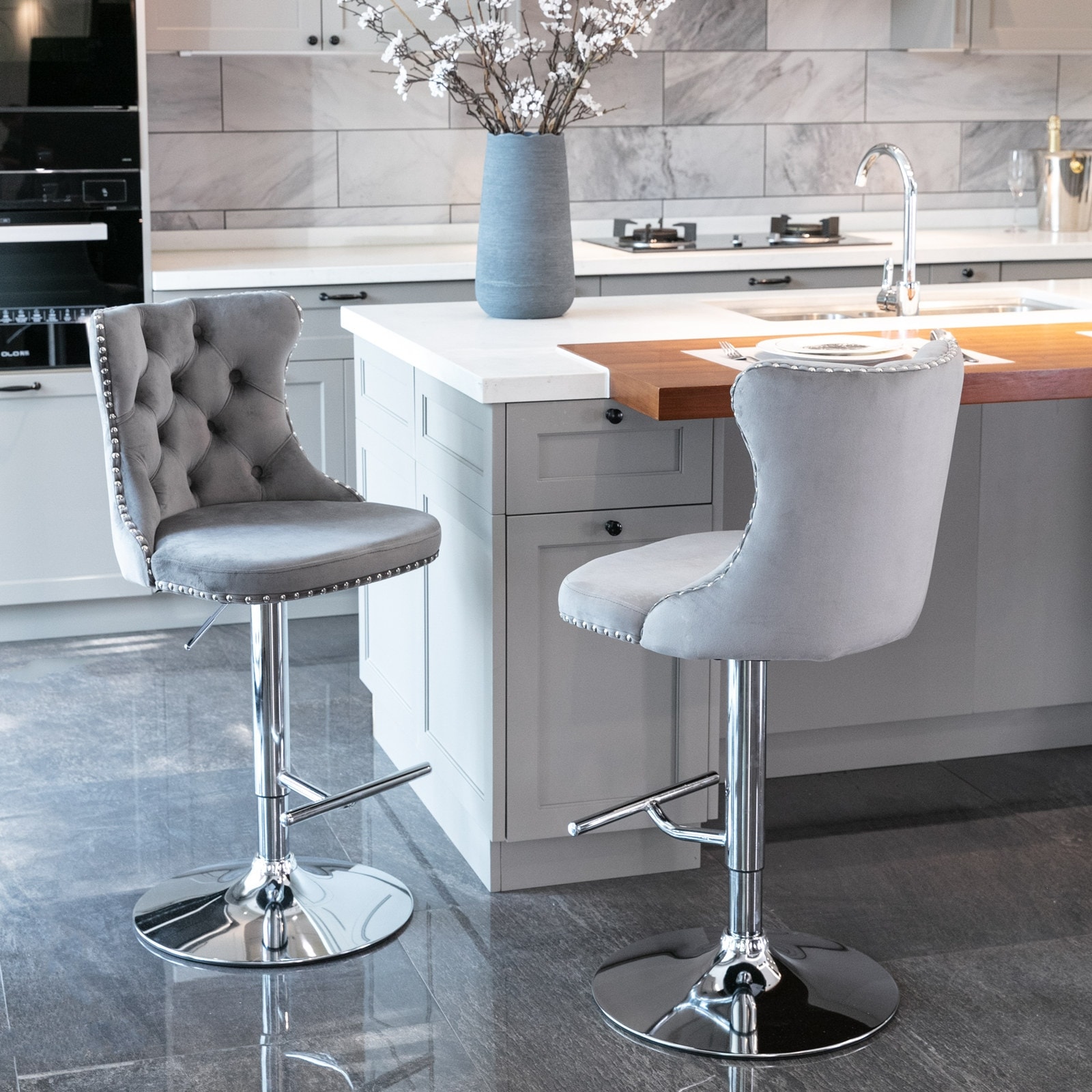 Danetti Grey Velvet Counter Stools Dakota Dark Grey Statement
