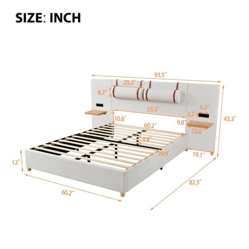 Full/ Queen Size Upholstered Platform Bed Frame with 2 USB Ports, Head Pillows and Side Storage Shelves