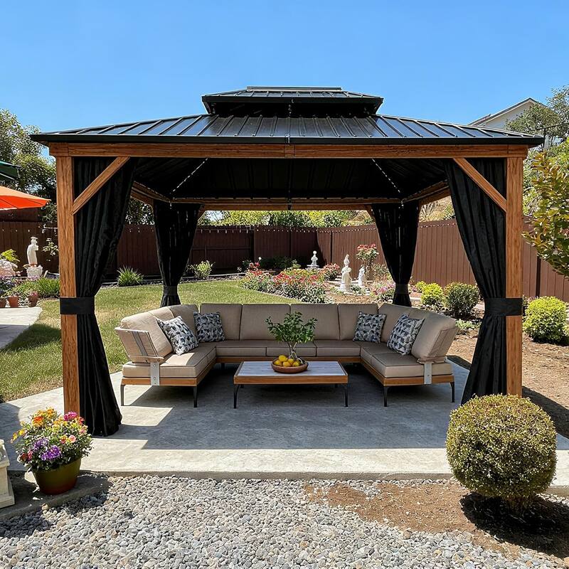 PURPLE LEAF Patio Hardtop Gazebo for Outdoor Wood Grain Aluminum Frame Galvanized Steel Double Roof and Backyard Garden