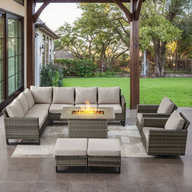 Gymojoy L-Shaped Outdoor Corner Sectional Sofa 6-seats Couch Conversation Set - 6 PCS - Ottomans & Swivel Chairs & Fire Pit - Grey Wicker / Beige Cusion