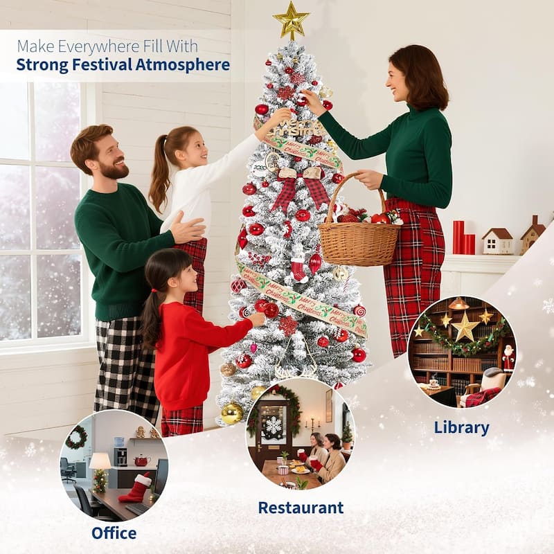 6ft Prelit Flocked Pencil Christmas Tree with Lights, Slim Artificial Xmas Tree with Snowy Branch